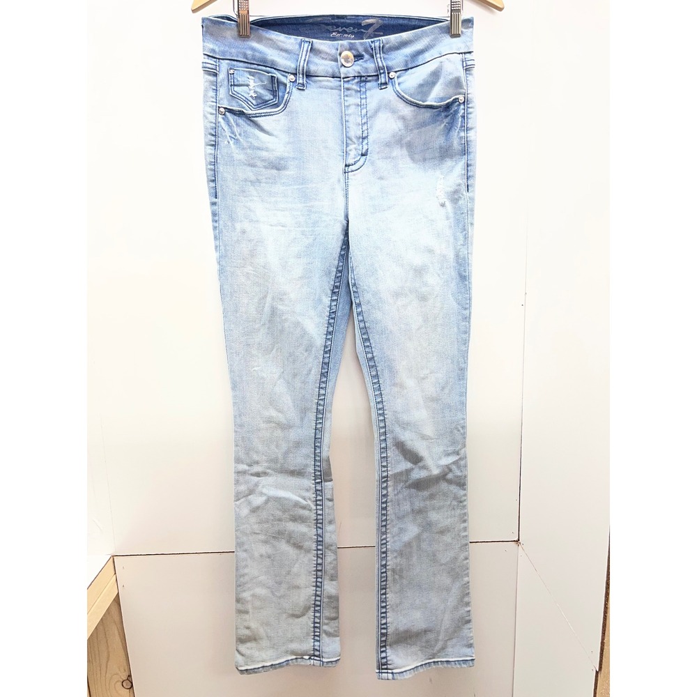 Seven7 Tummyless High Rise Bootcut Jeans Light Wash Distressed Denim Size 8